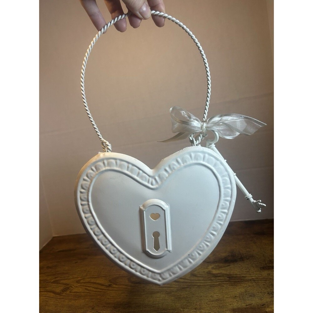 White Metal Heart-Shaped Hanging Lock Box w/ Key Ribbon Bow Small 7in x 5in - Picture 12 of 12